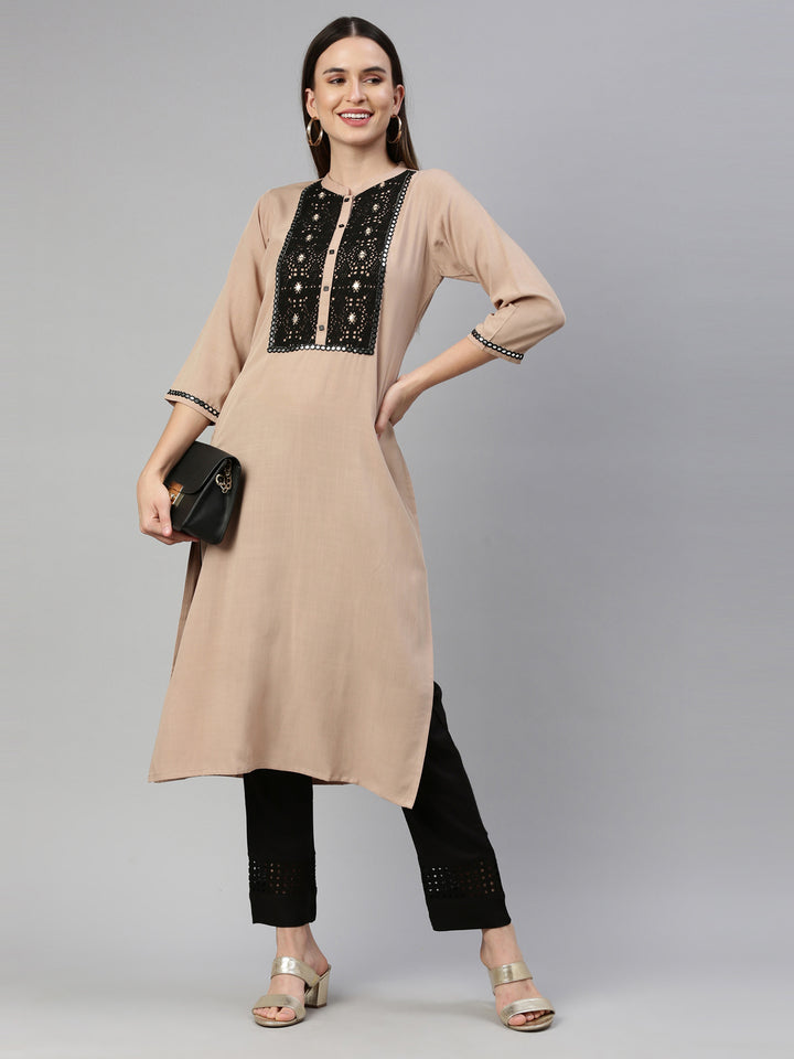 Neerus Beige Color Rayon Fabric Kurta