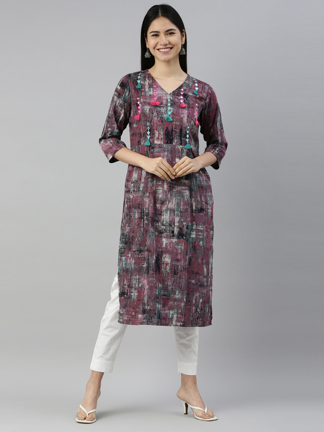 Neerus Purple rayon straight kurta - front view