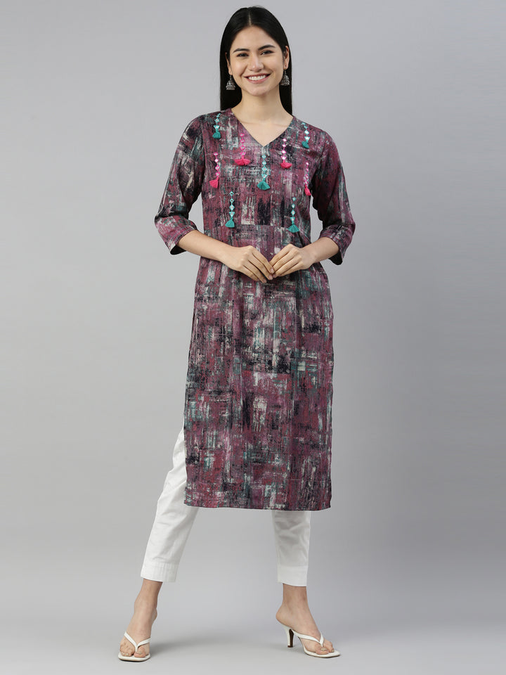 Neerus Purple rayon straight kurta - front view
