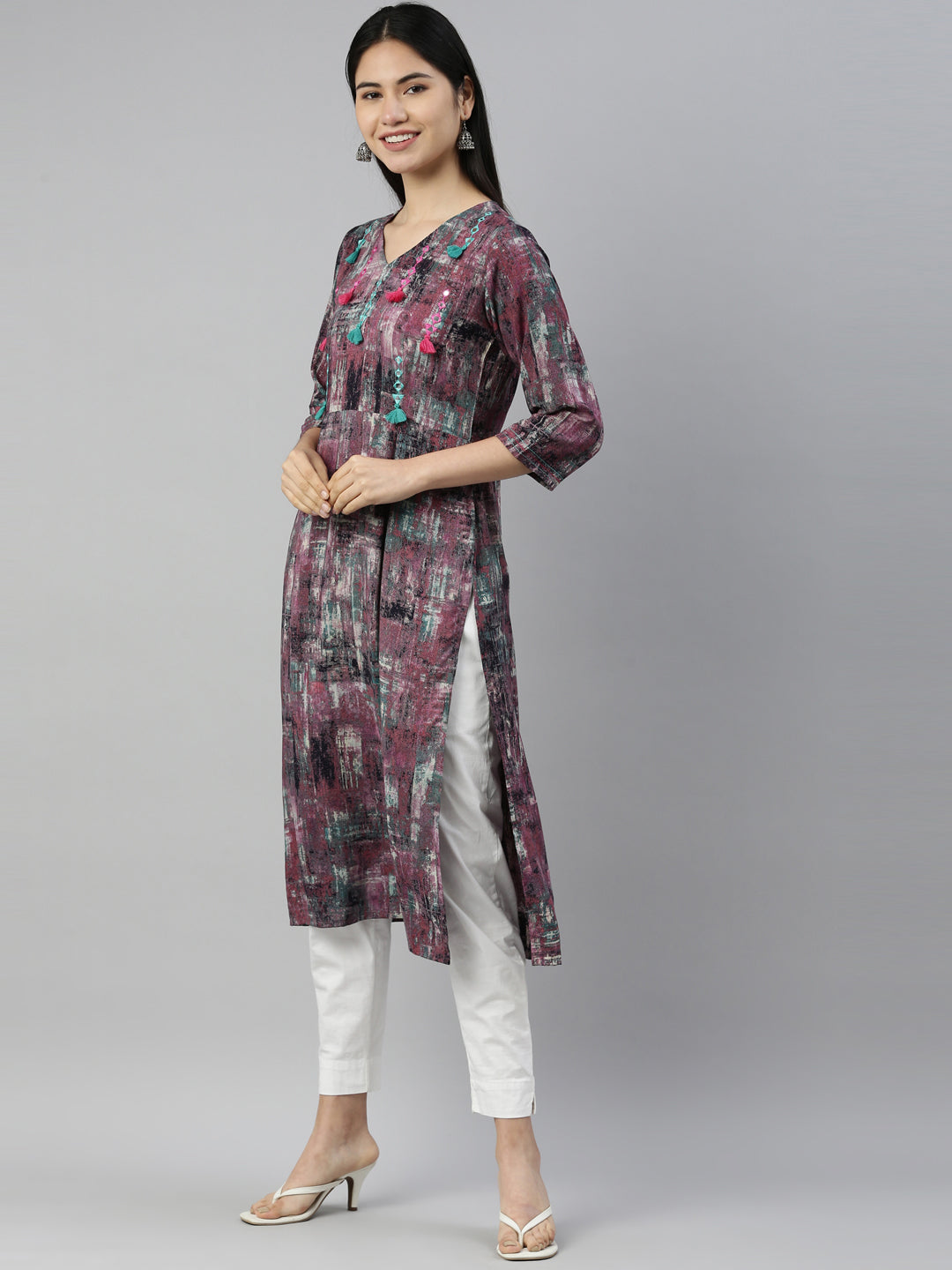 Neerus Purple rayon straight kurta - side view