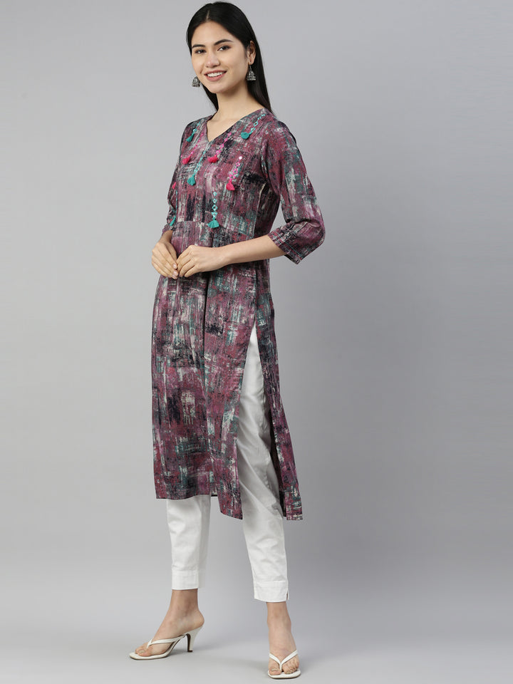 Neerus Purple rayon straight kurta - side view