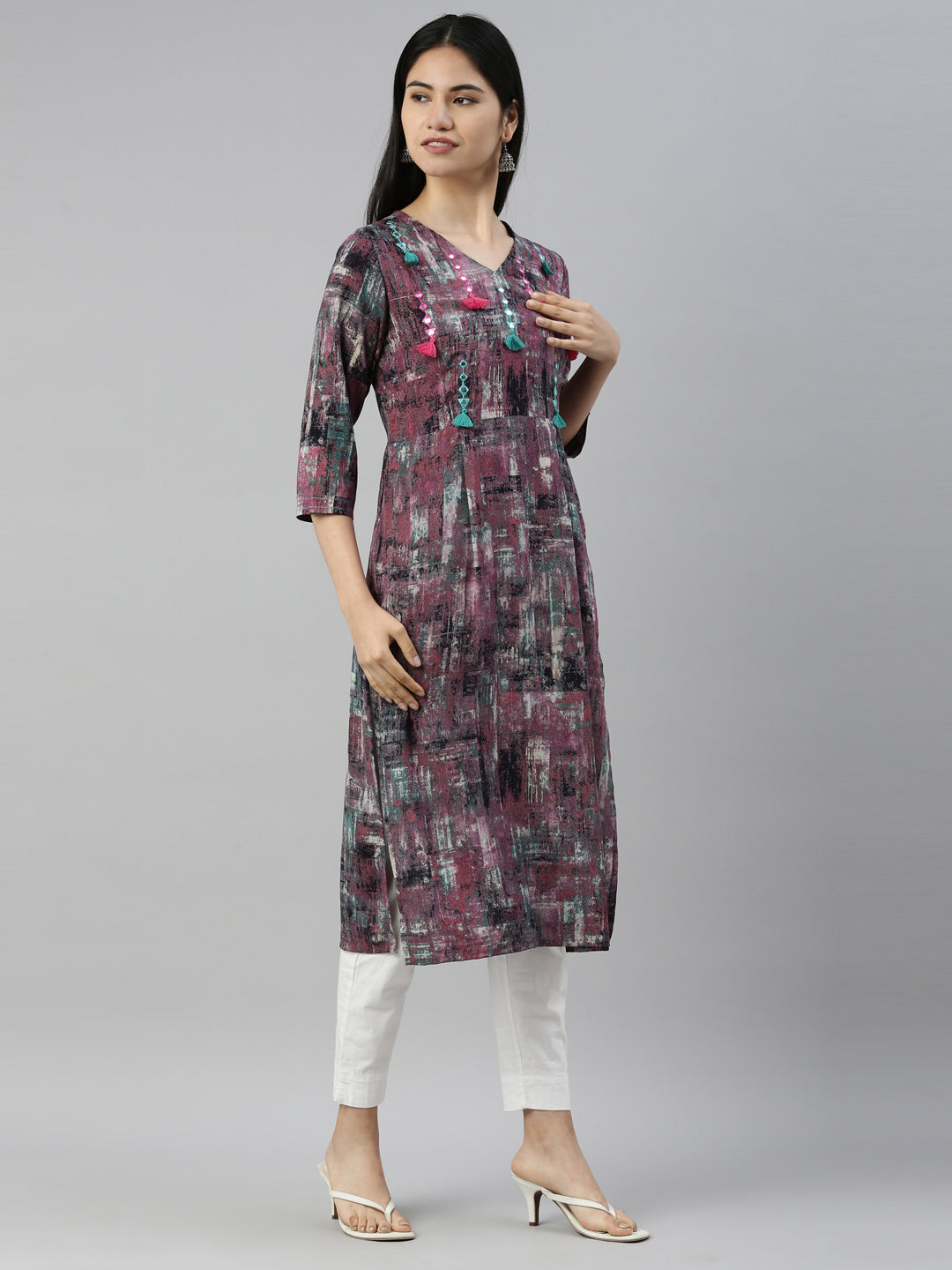 Neerus Purple rayon straight kurta - detail view 1