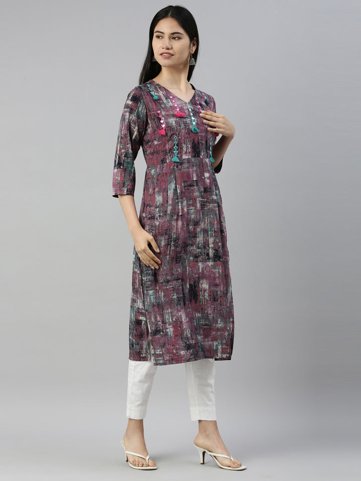 Neerus Purple rayon straight kurta - detail view 1