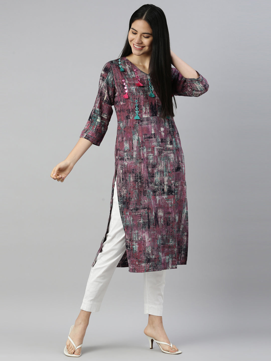 Neerus Purple rayon straight kurta - detail view 3