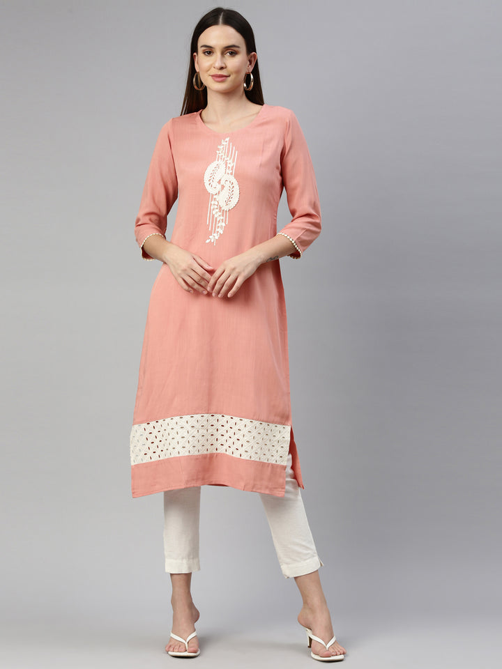 Neerus Orange viscose rayon straight kurti - front view