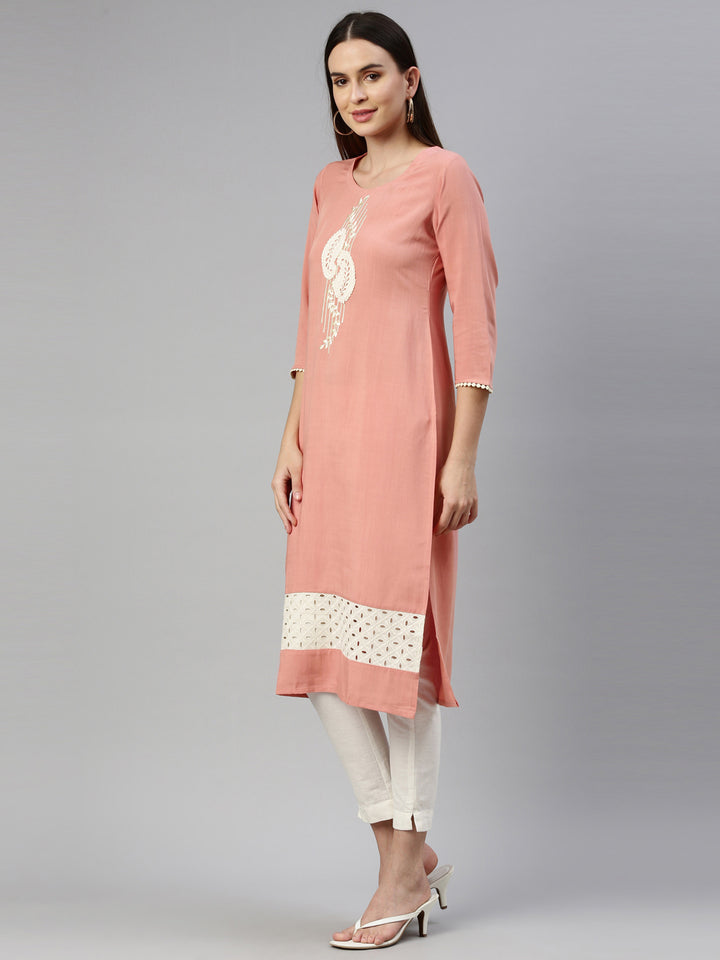 Neerus Orange viscose rayon straight kurti - side view
