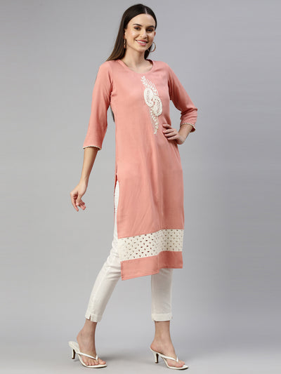 Neeru'S Peach Color Slub Rayon Fabric Kurta