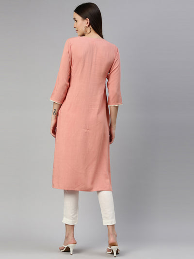 Neeru'S Peach Color Slub Rayon Fabric Kurta