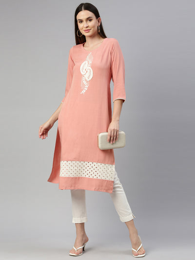 Neeru'S Peach Color Slub Rayon Fabric Kurta