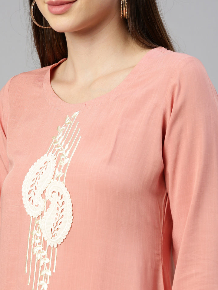 Neerus Orange viscose rayon straight kurti - detail view 5