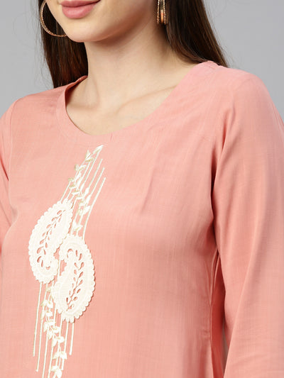 Neeru'S Peach Color Slub Rayon Fabric Kurta
