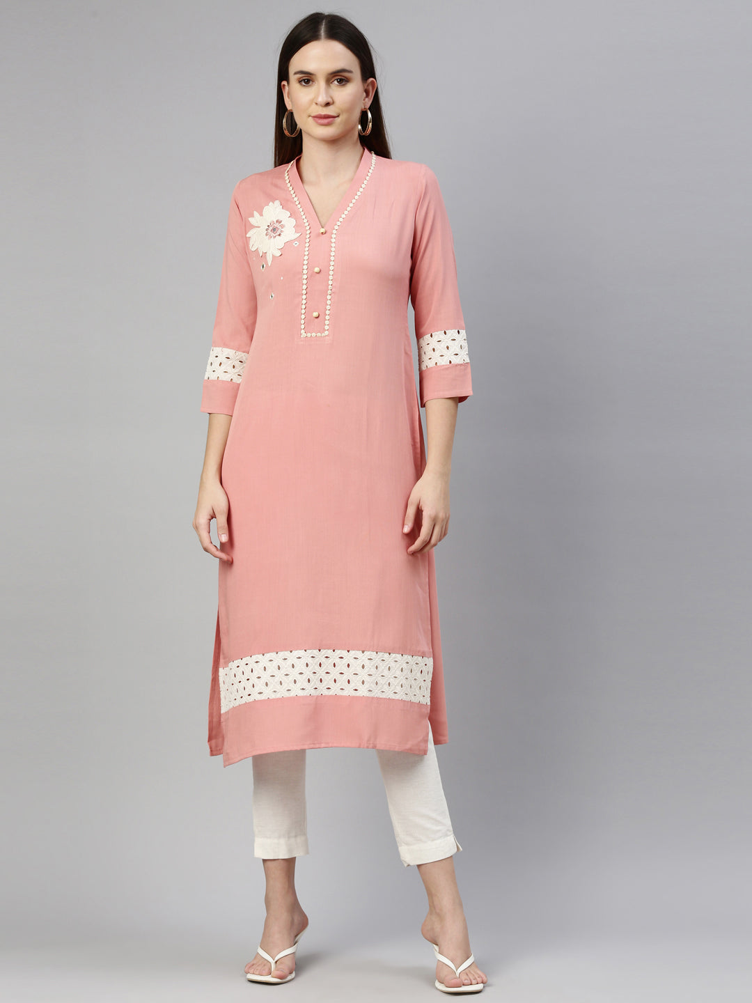 Neerus Orange rayon solid kurta - front view
