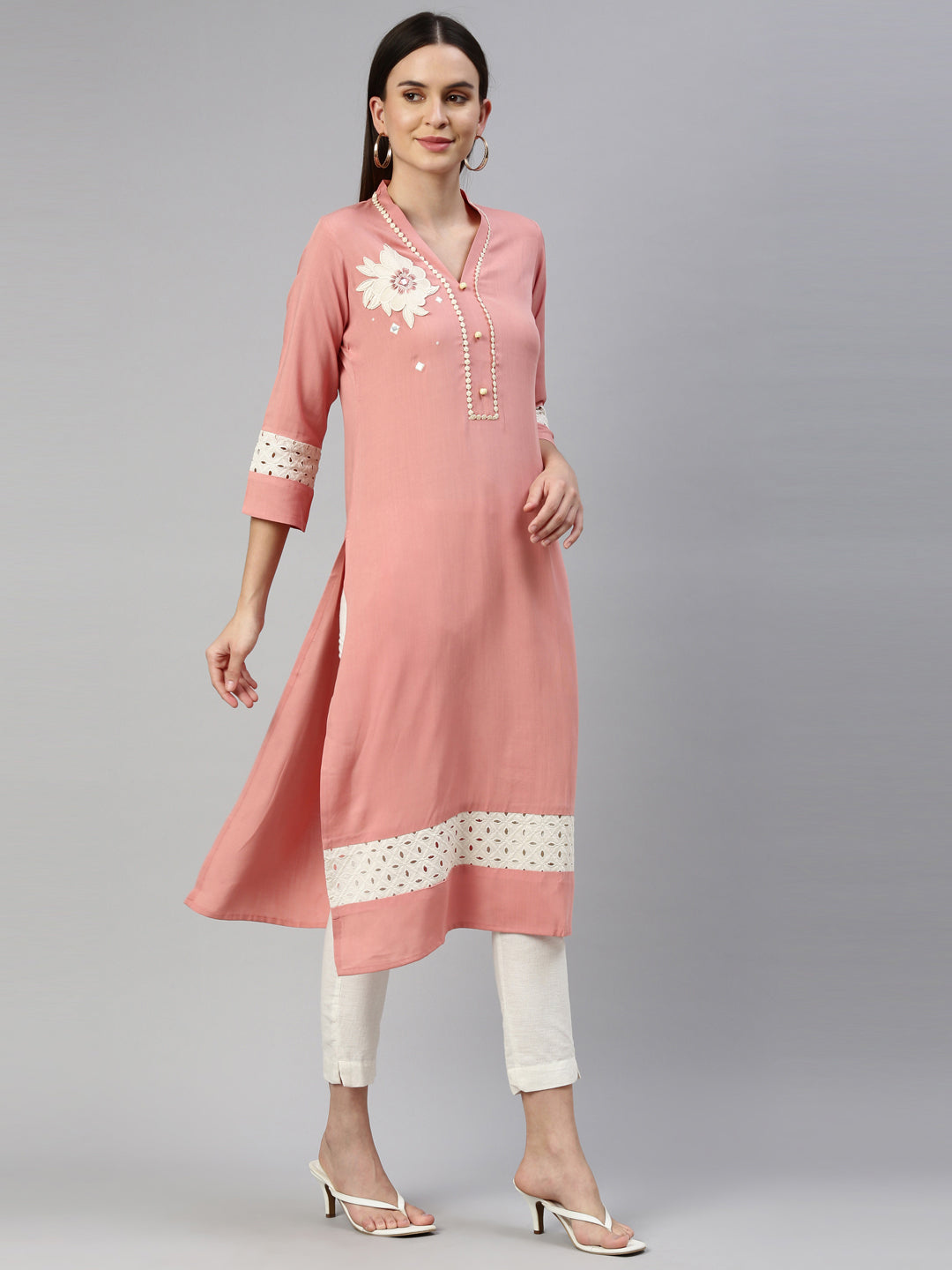 Neerus Orange rayon solid kurta - detail view 1