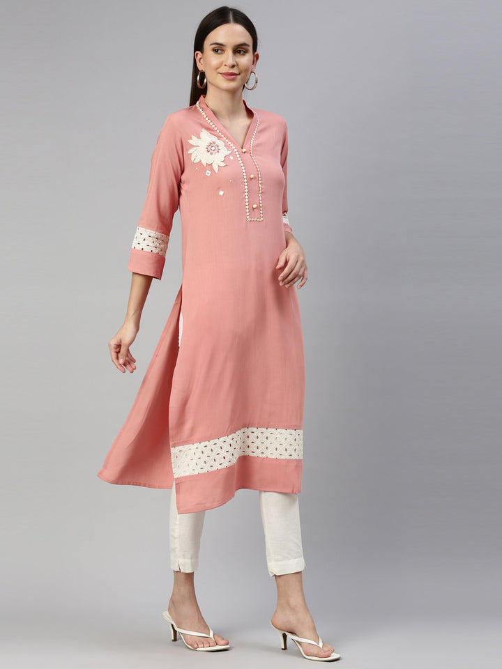 Neerus Orange rayon solid kurta - detail view 1