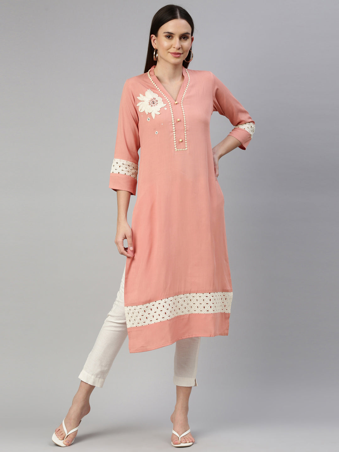 Neerus Orange rayon solid kurta - detail view 3