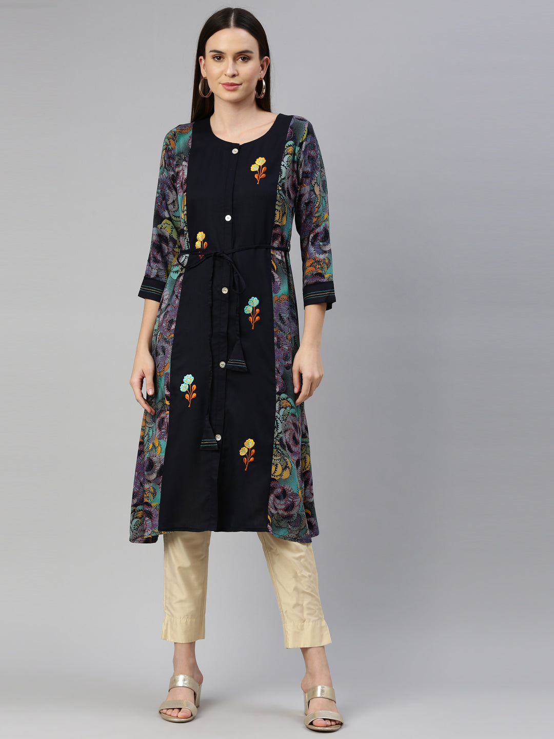 Neerus Blue rayon straight kurta - detail view 6