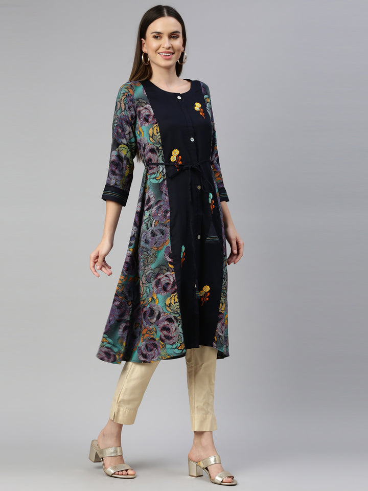Neerus Blue rayon straight kurta - detail view 1