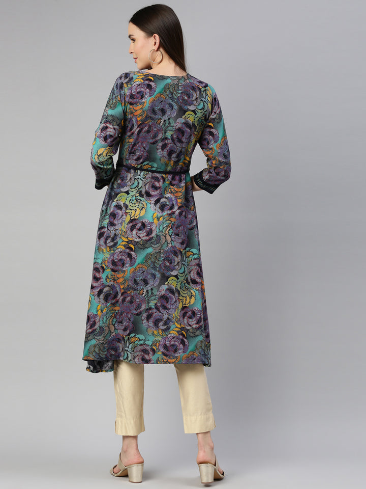 Neerus Blue rayon straight kurta - detail view 2