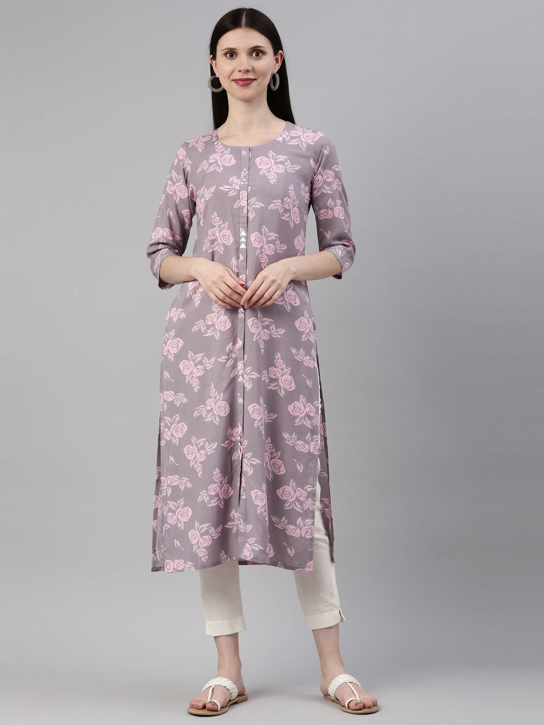 Neerus Grey rayon printed kurti - front view