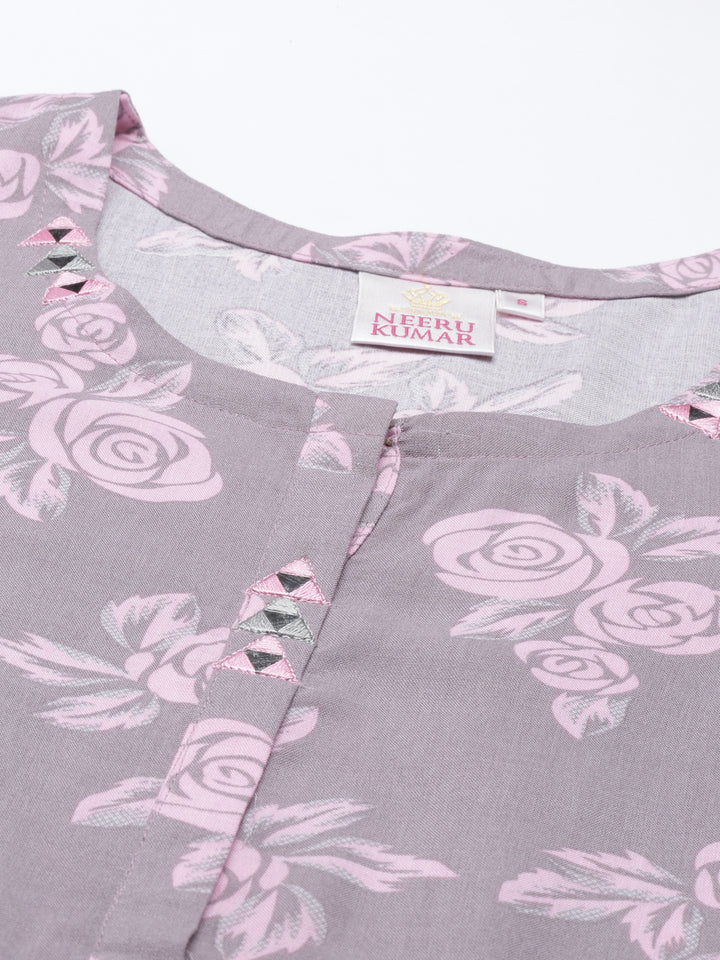 Neerus Grey rayon printed kurti - back view