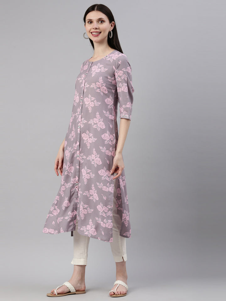 Neerus Grey rayon printed kurti - side view
