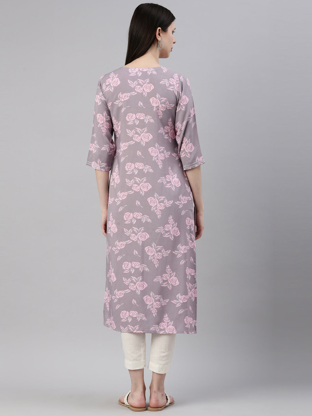 Neerus Grey rayon printed kurti - detail view 2