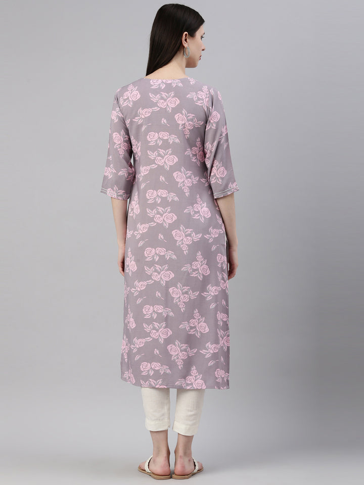 Neerus Grey rayon printed kurti - detail view 2