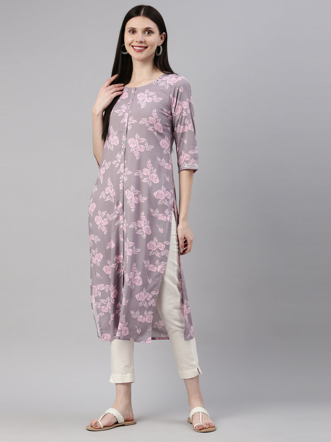 Neerus Grey rayon printed kurti - detail view 3