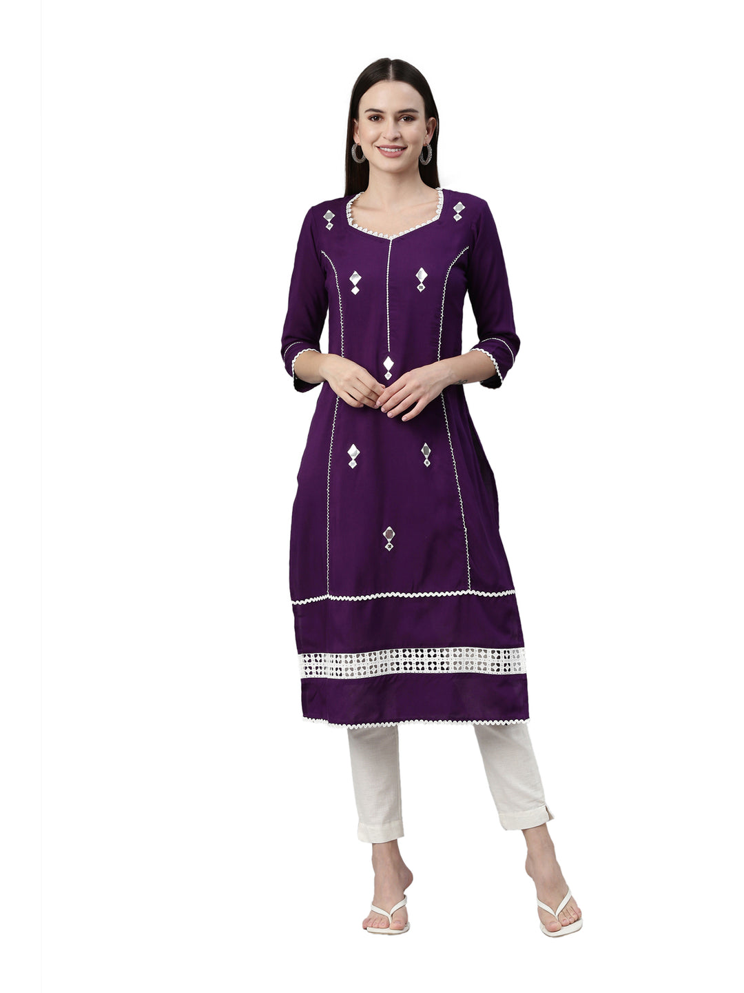 Neerus Purple rayon solid straight kurti - front view