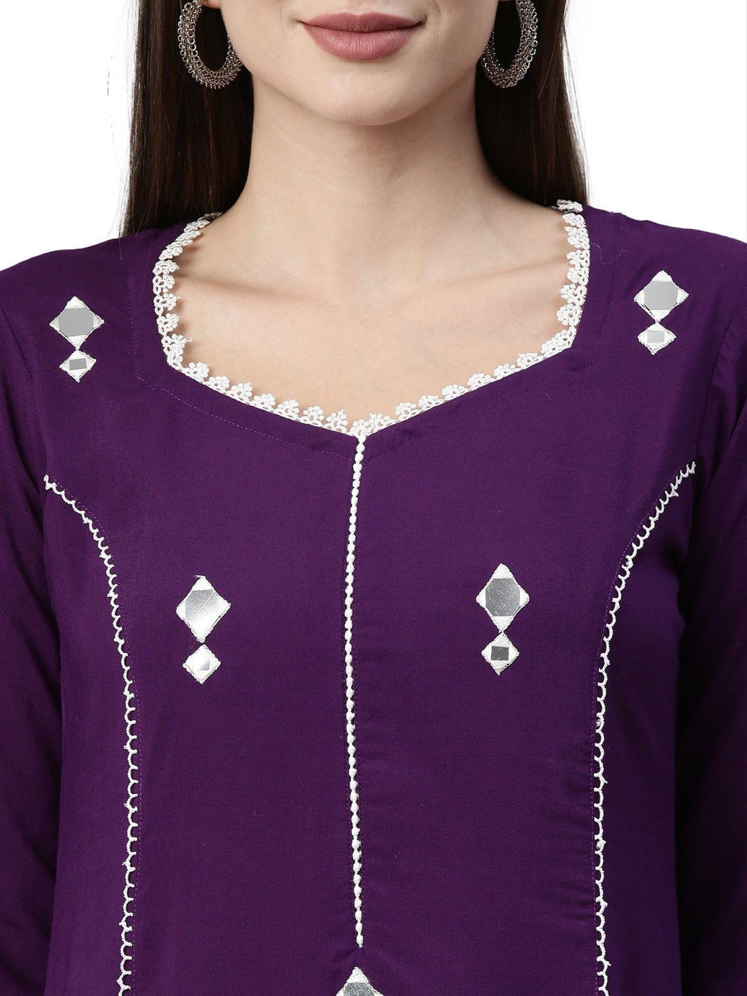 Neerus Purple rayon solid straight kurti - detail view 2