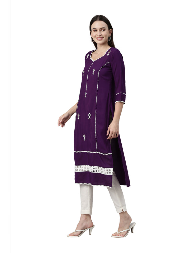 Neerus Purple rayon solid straight kurti - back view