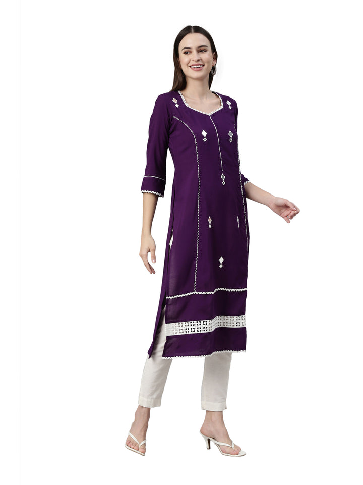 Neerus Purple rayon solid straight kurti - side view