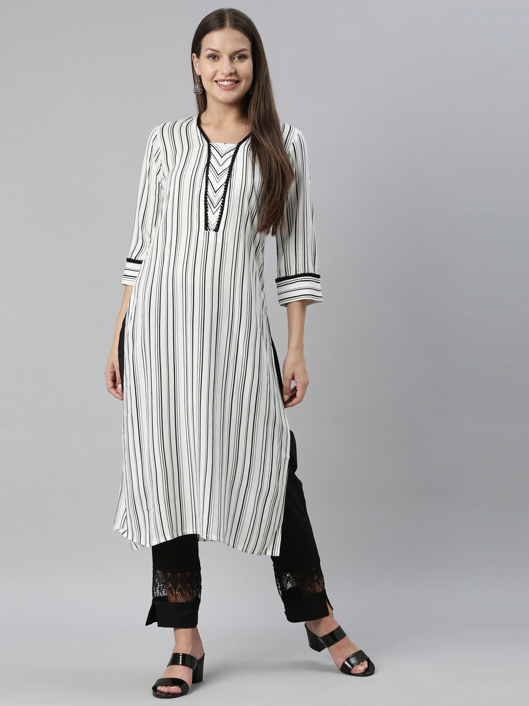 Neerus Off White Color Rayon Fabric Kurta & Palazzo Set