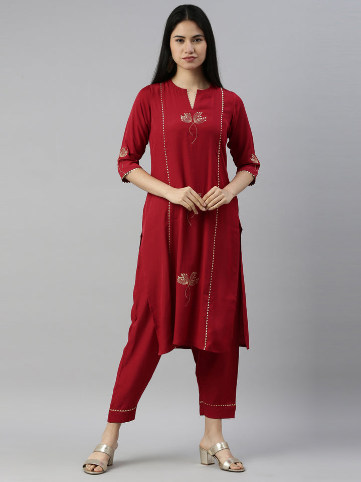 Neerus Maroon Color Rayon Fabric Suit Set