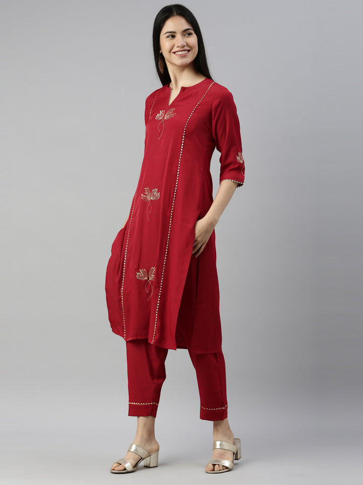 Neerus Maroon Color Rayon Fabric Suit Set