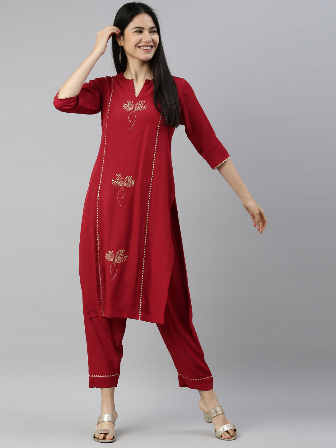 Neerus Maroon Color Rayon Fabric Suit Set