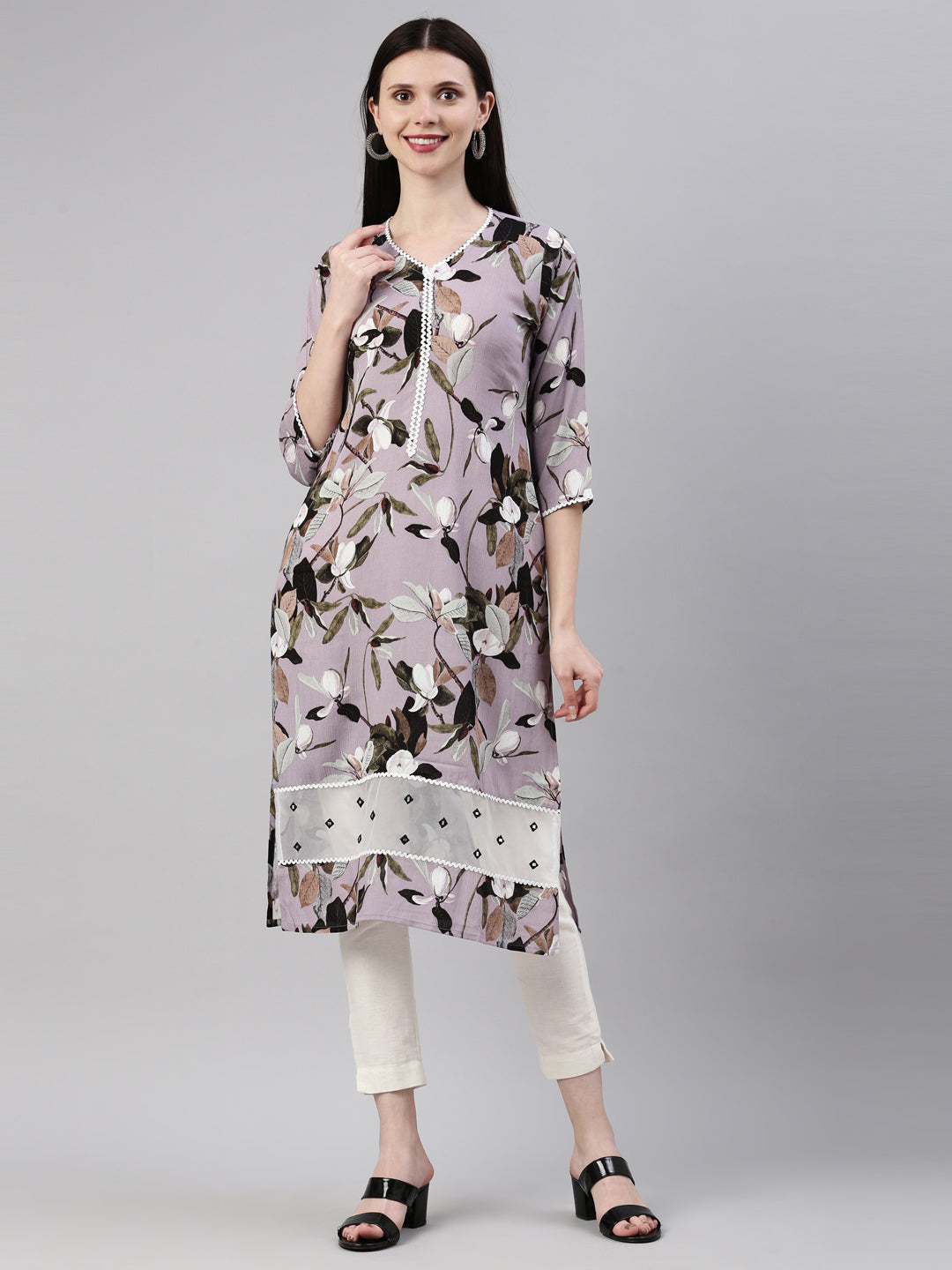 Neerus Purple rayon straight kurta - detail view 6