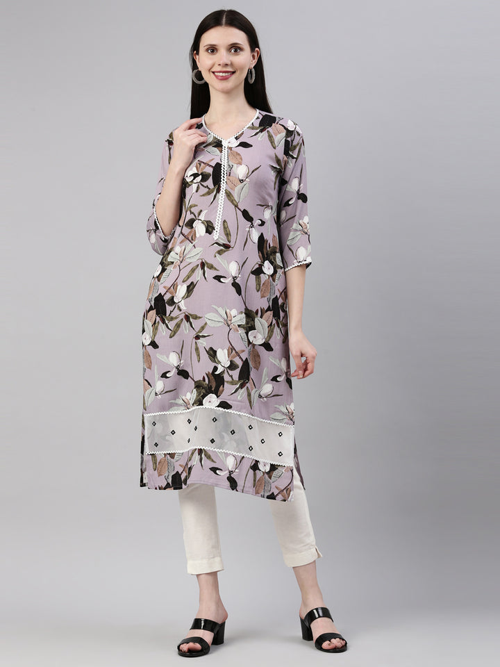 Neerus Purple rayon straight kurta - detail view 6