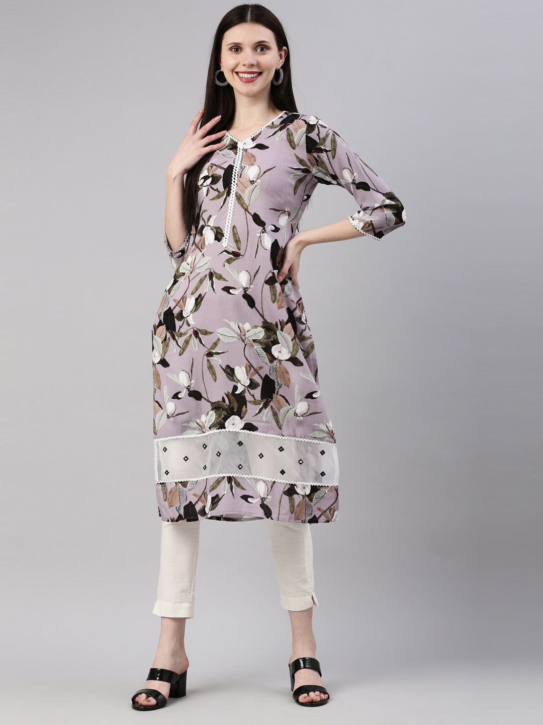 Neerus Purple rayon straight kurta - detail view 3