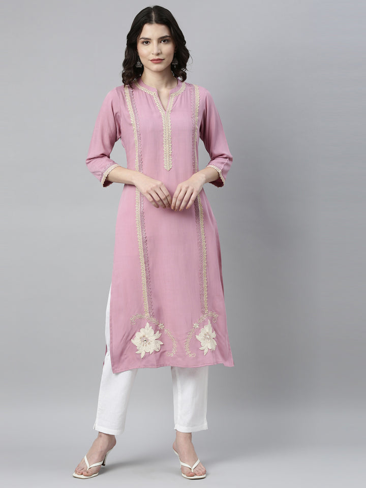 Neerus Purple rayon solid kurta - front view
