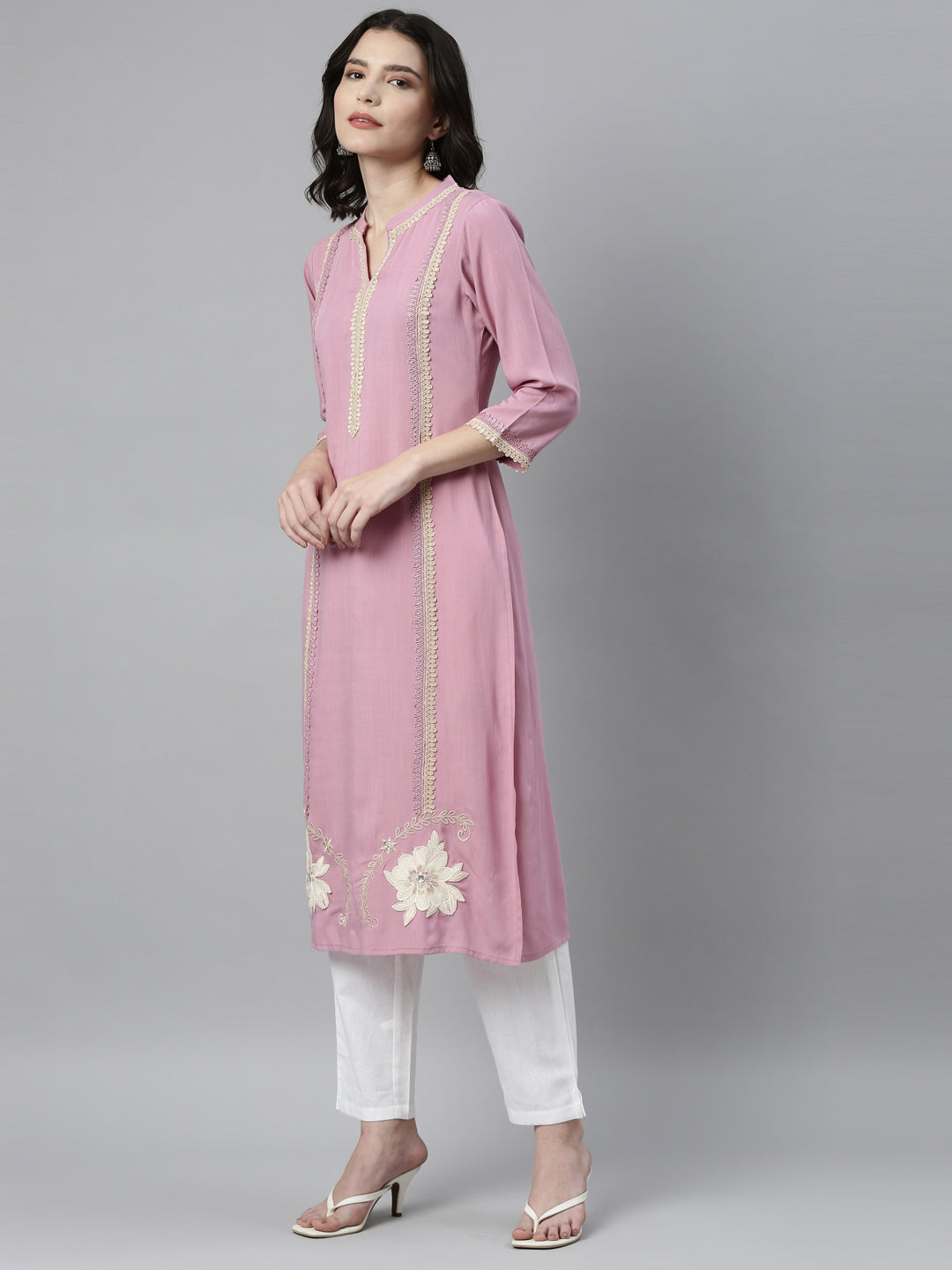 Neerus Purple rayon solid kurta - side view