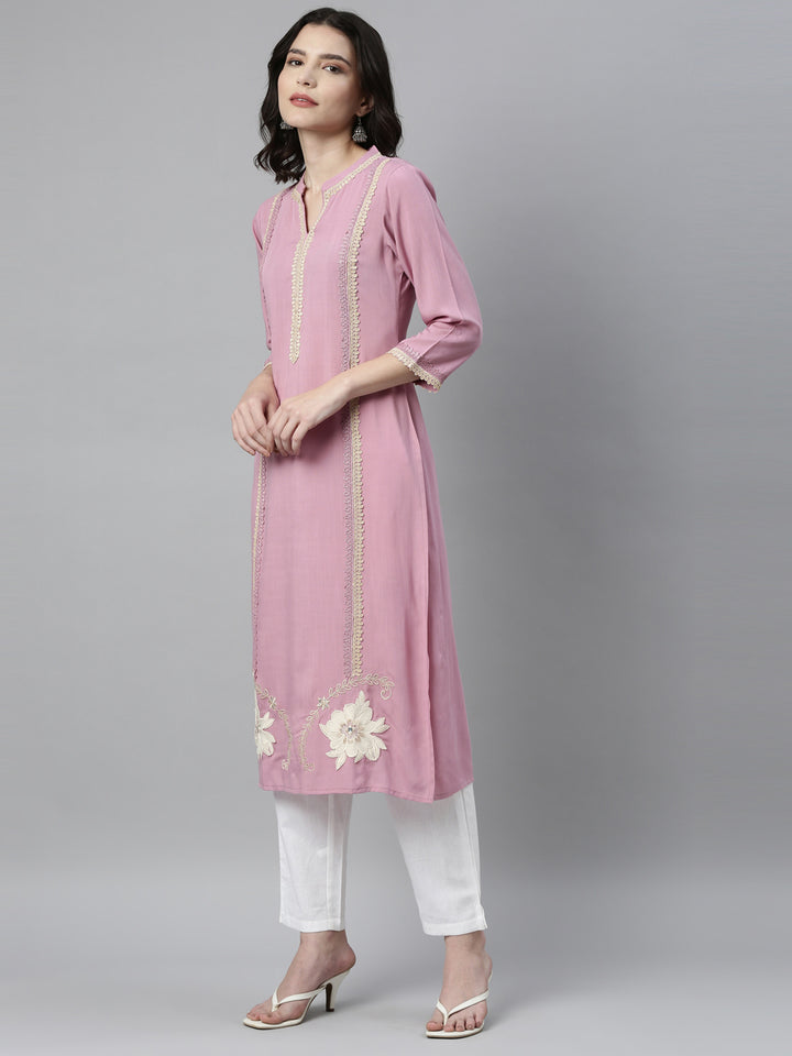 Neerus Purple rayon solid kurta - side view