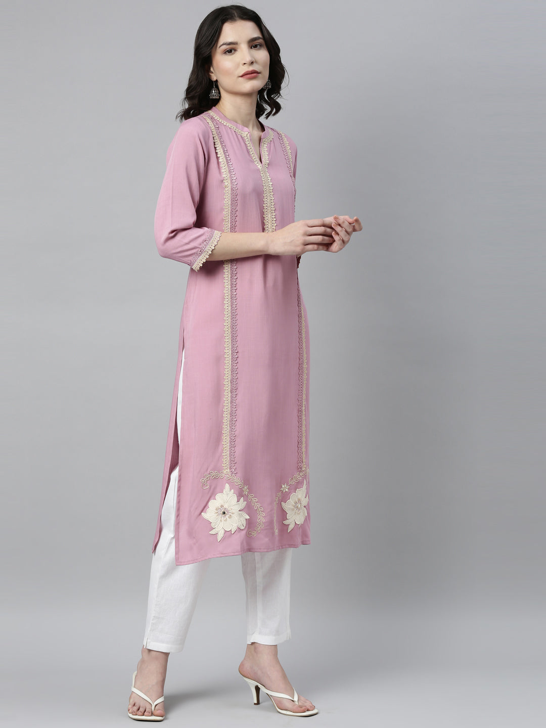 Neerus Purple rayon solid kurta - detail view 1