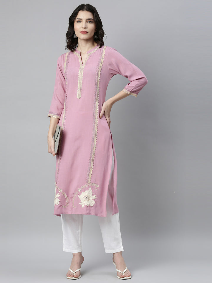 Neerus Purple rayon solid kurta - detail view 3