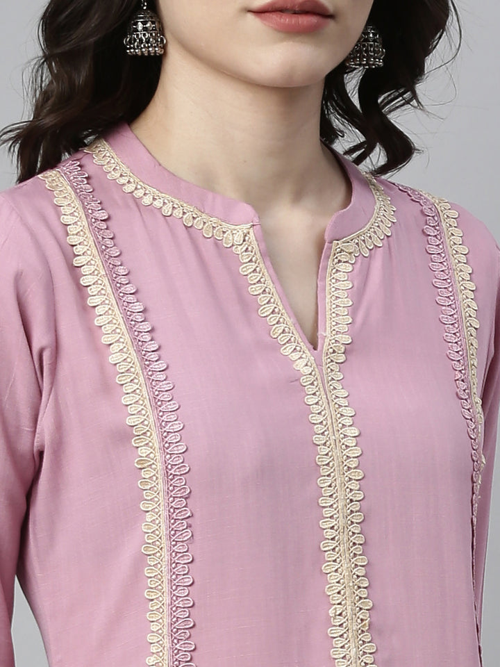 Neerus Purple rayon solid kurta - detail view 5