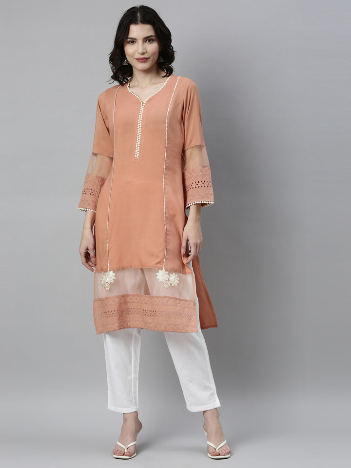 Neerus Peach Color Rayon Fabric Kurta
