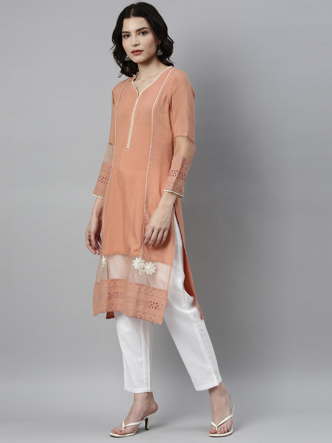 Neerus Peach Color Rayon Fabric Kurta