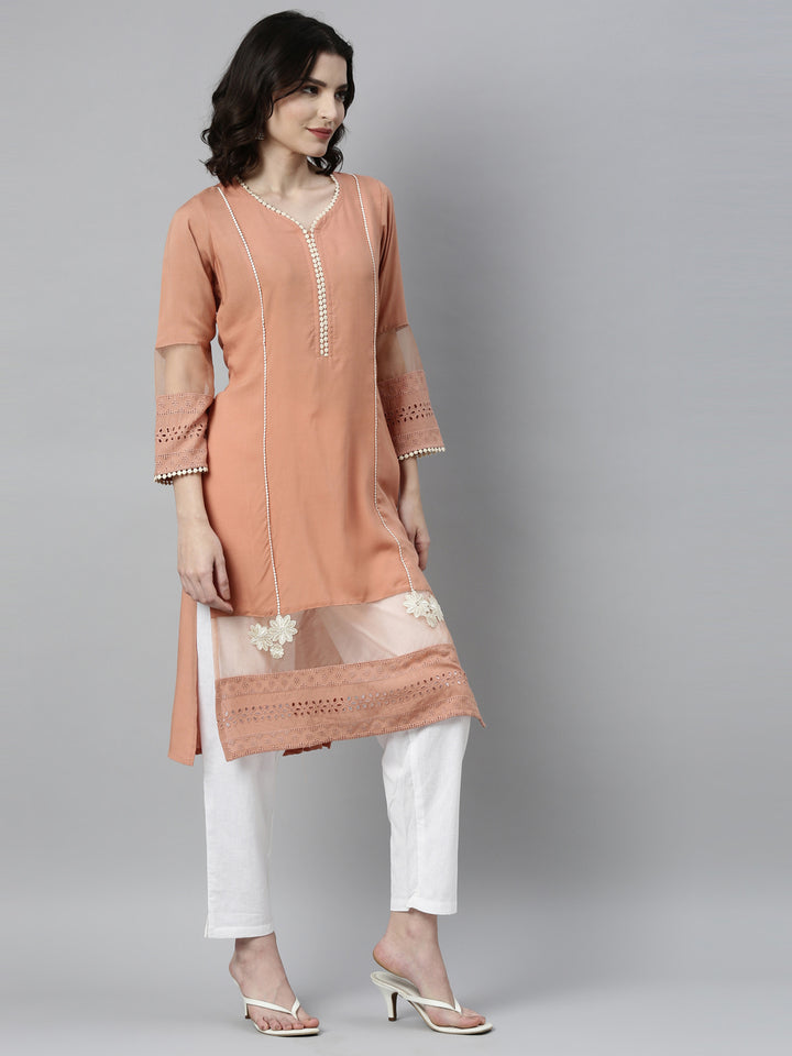 Neerus Peach Color Rayon Fabric Kurta