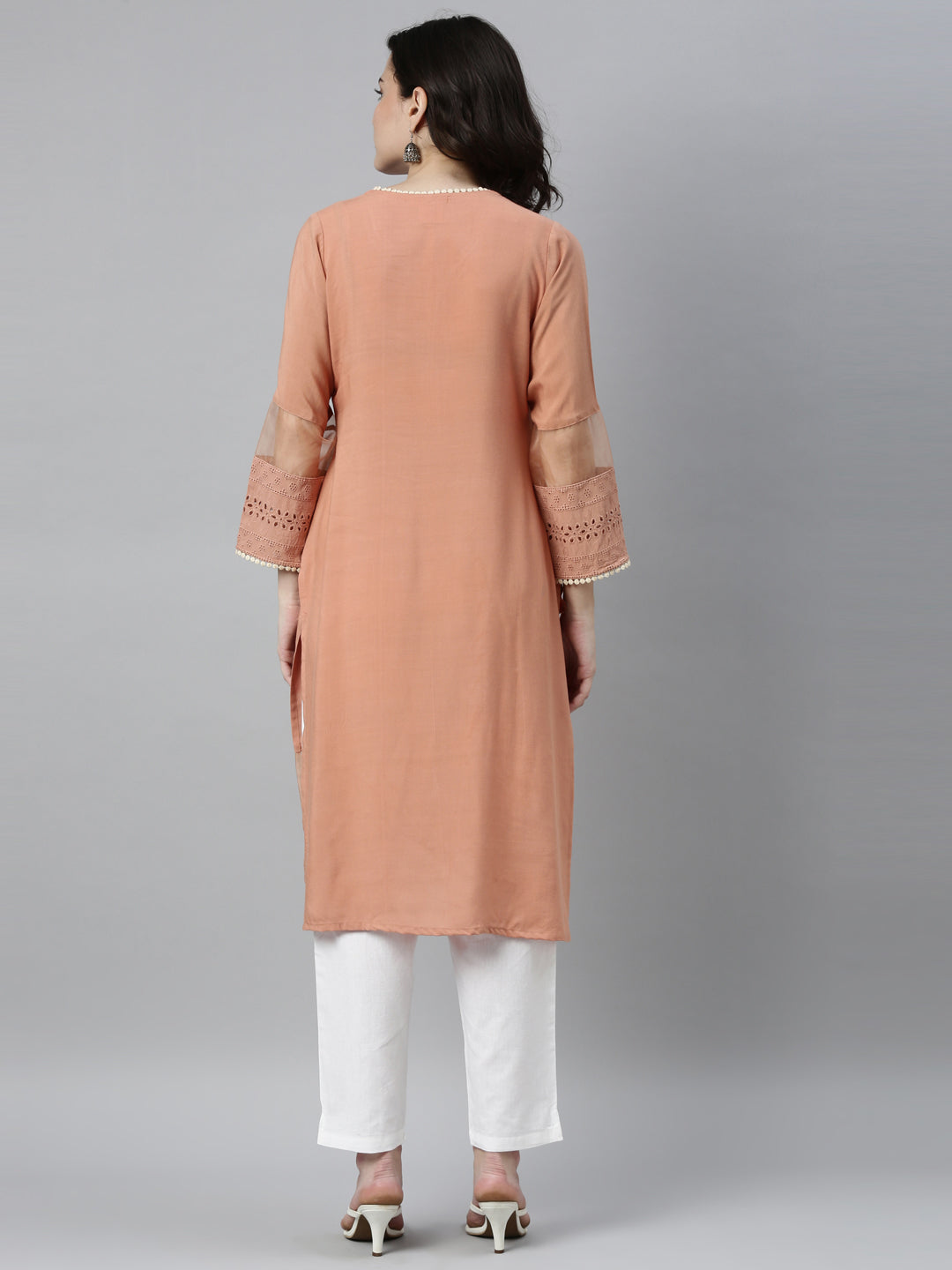 Neerus Peach Color Rayon Fabric Kurta