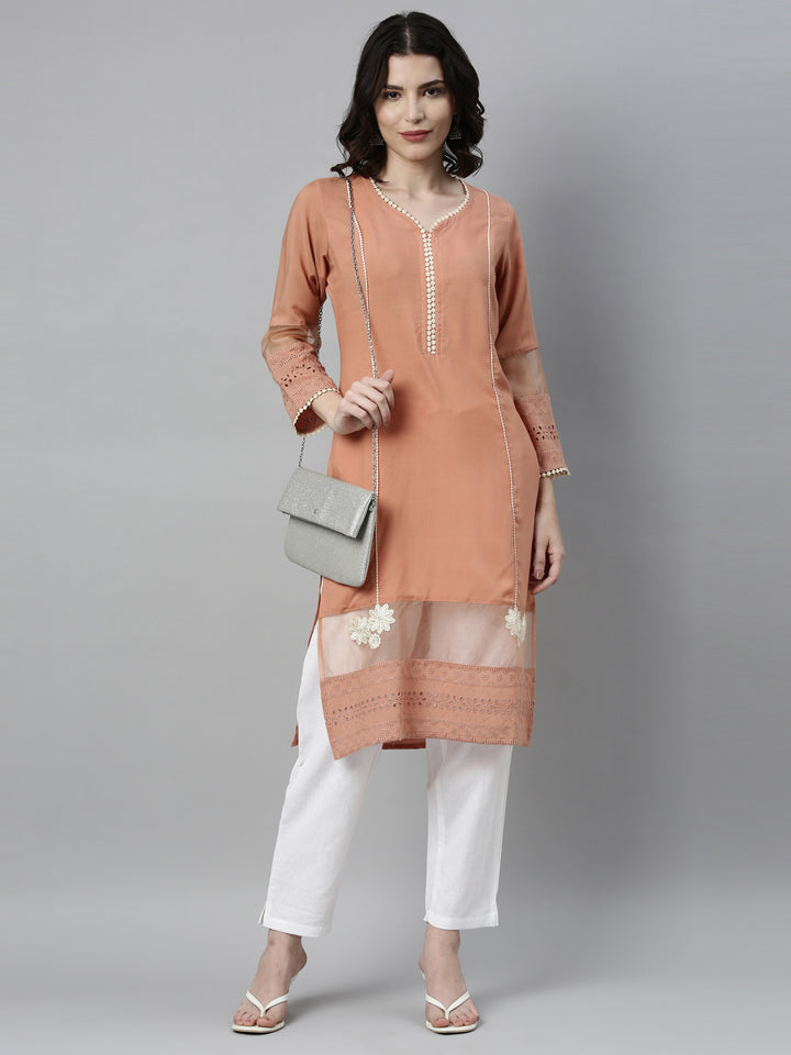 Neerus Peach Color Rayon Fabric Kurta